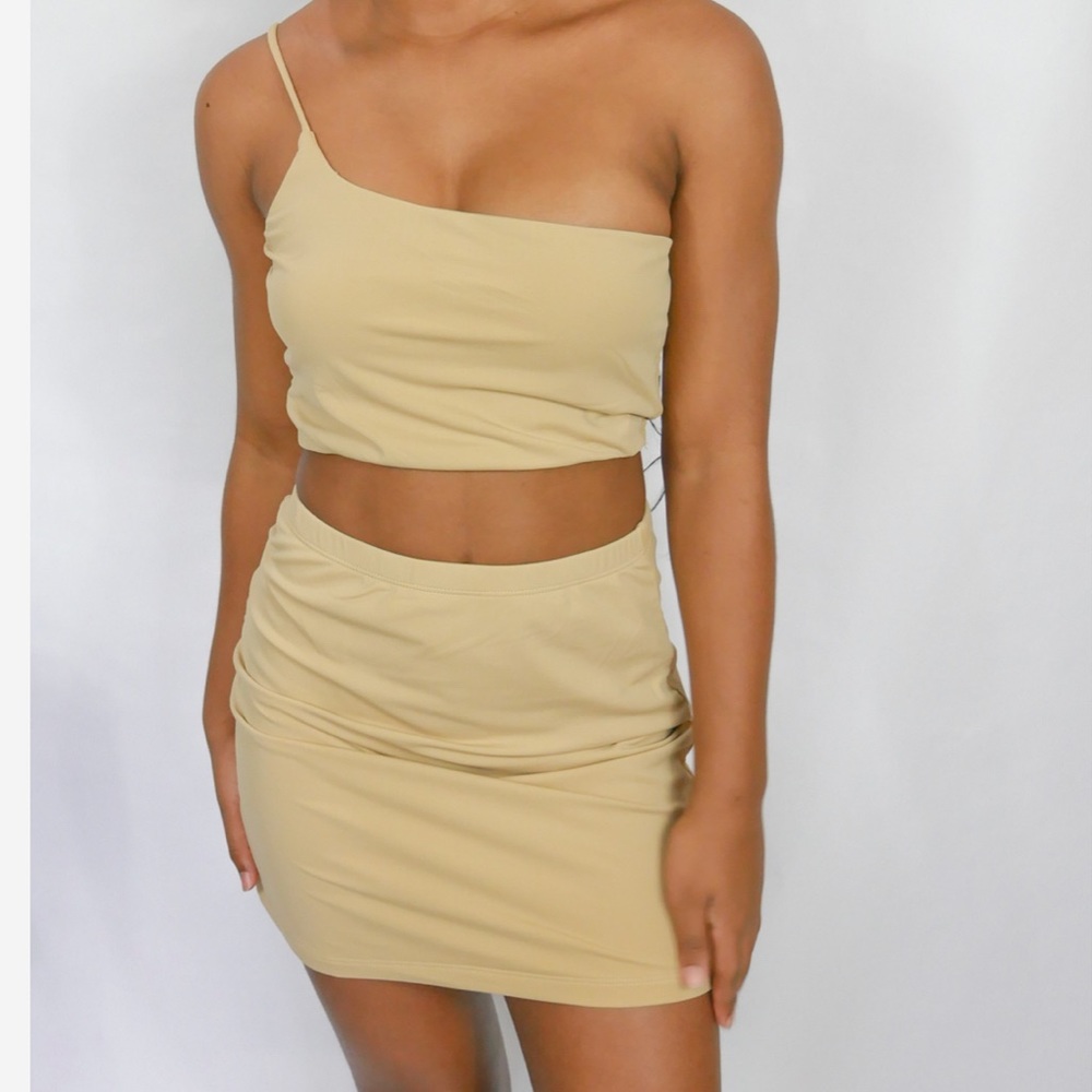 Two piece tan mini skirt set